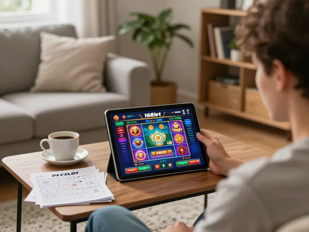 Player enjoying f168slot on tablet in a cozy home environment for engaging online gaming experience