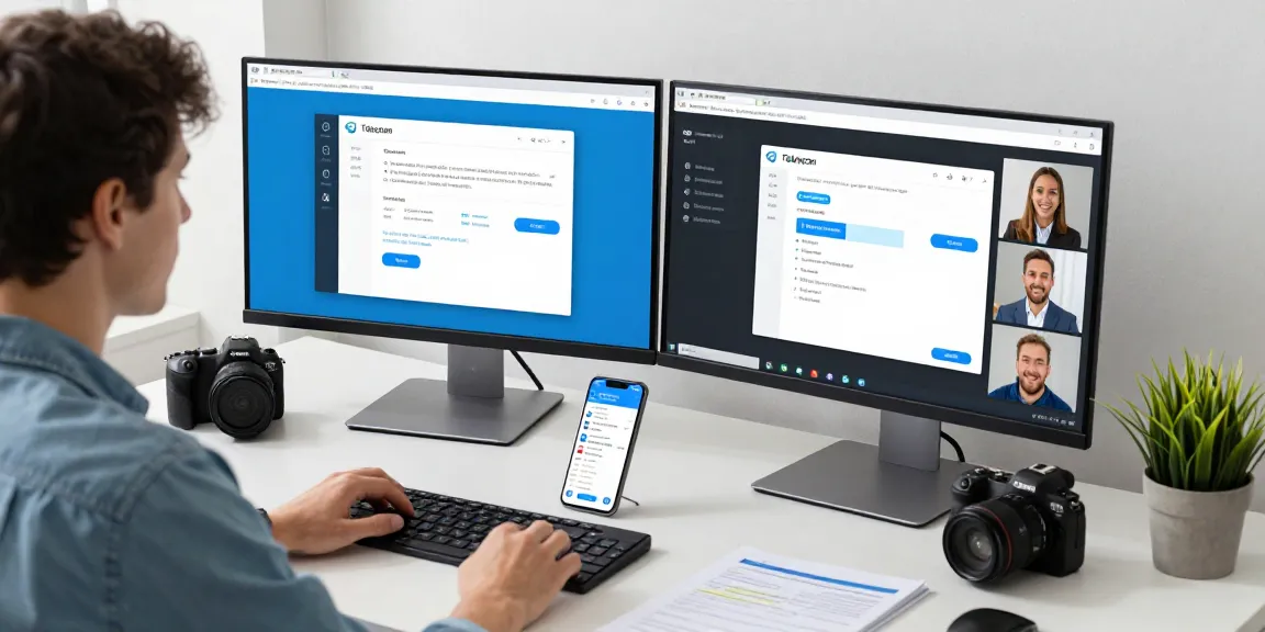 Professional workspace featuring 纸飞机中文版 app on multiple monitors demonstrating seamless communication tools.
