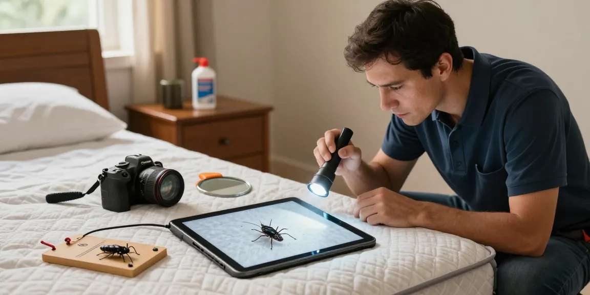Bed bug exterminator inspecting bedroom for pests with professional tools and equipment.