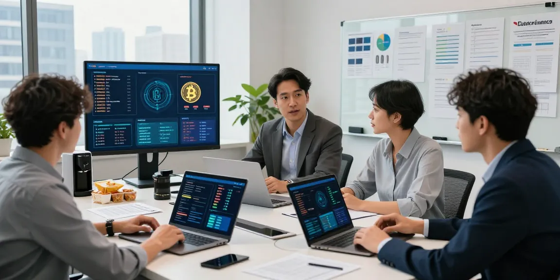 Team strategizing to recover stolen cryptocurrency in a modern office environment.