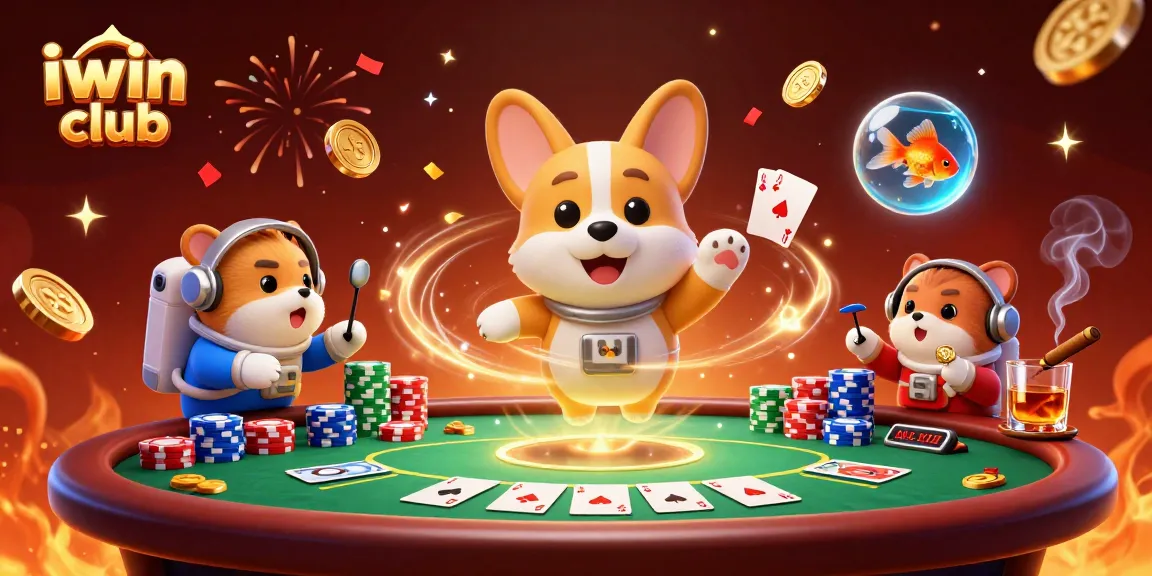 Play poker with iwin club's vibrant space casino scene featuring a fun astronaut corgi.
