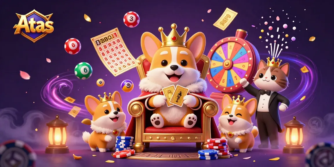 Capture the excitement at Atas Casino with a royal corgi on a throne of poker chips and a fortune of games.