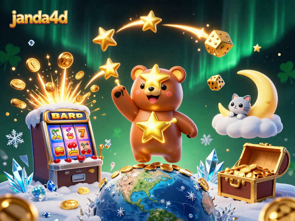 Permainan slot janda4d dengan slot mesin 3D dan karakter mengumpulkan koin dari langit.