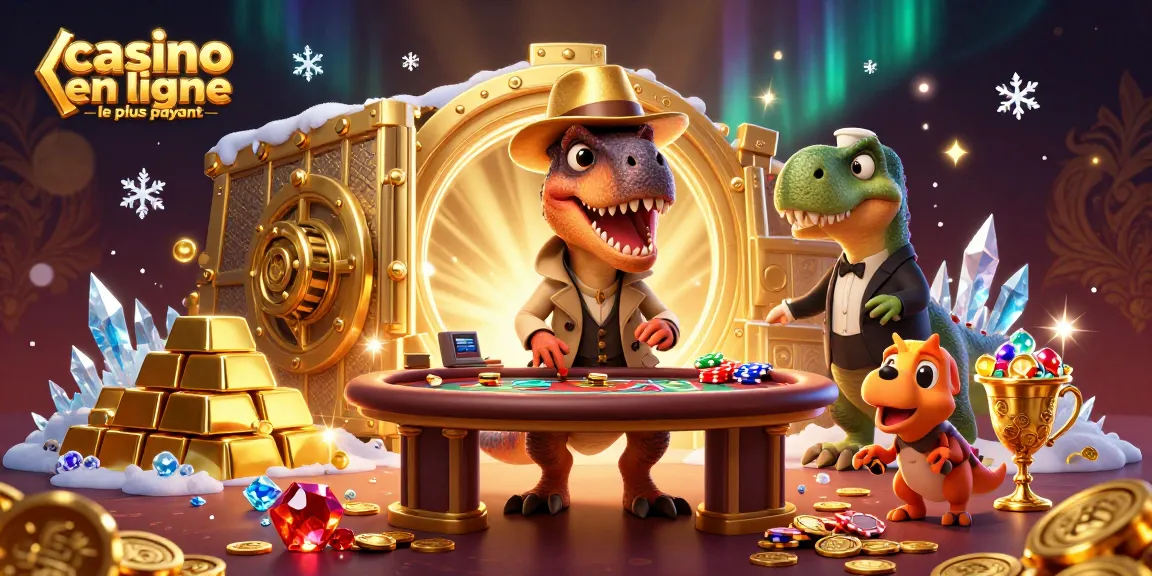 Illustration de casino en ligne le plus payant avec un velociraptor joueur au blackjack, un pit boss stegosaurus et un voleur de jetons.
