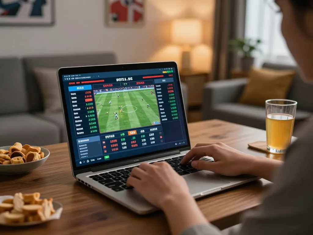 Person betting on live sports using a laptop at home, showcasing the F8beta2 ink lifestyle of online gaming