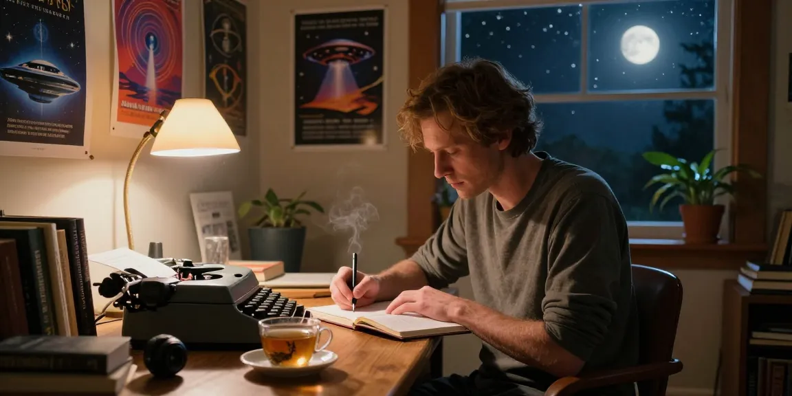 T Allen Greenfield exploring spirituality and UFOs at https://tallengreenfield.com in a cozy study.