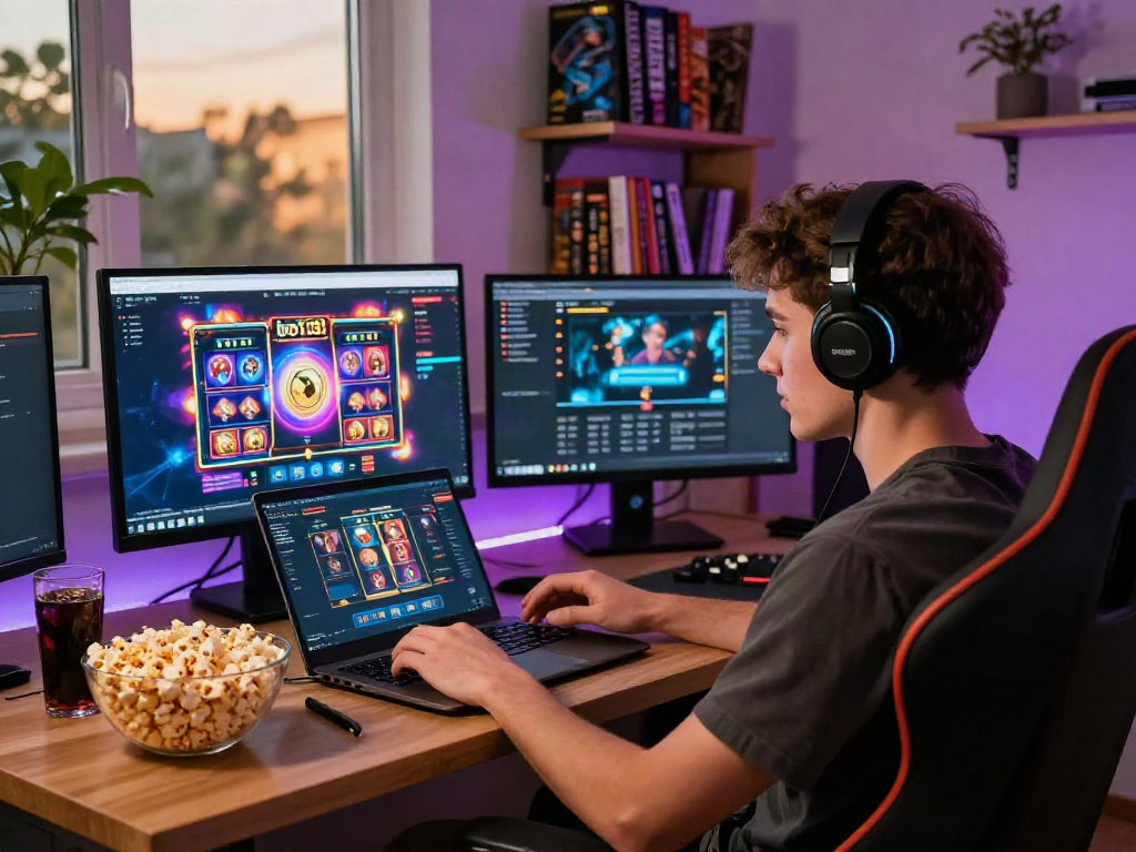 Player engaging with bro138 slot login on laptop, vibrant gaming setup, immersive experience.