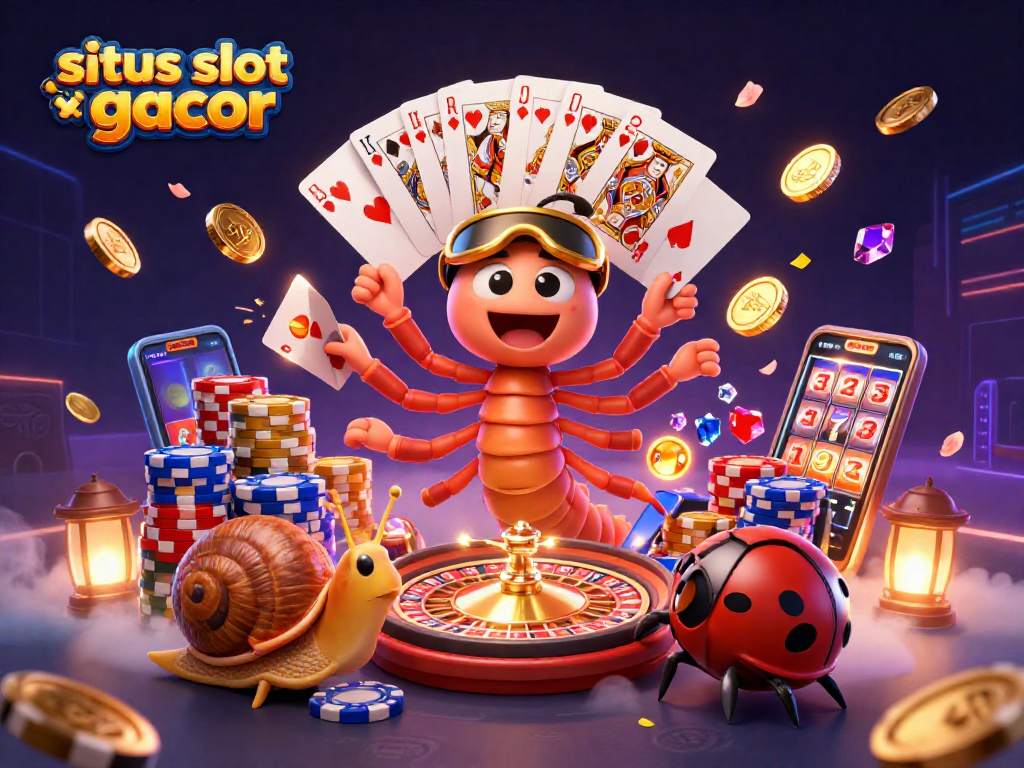 Situs slot gacor showcases a vibrant casino scene with a cartoon millipede dealer and high-roller characters.