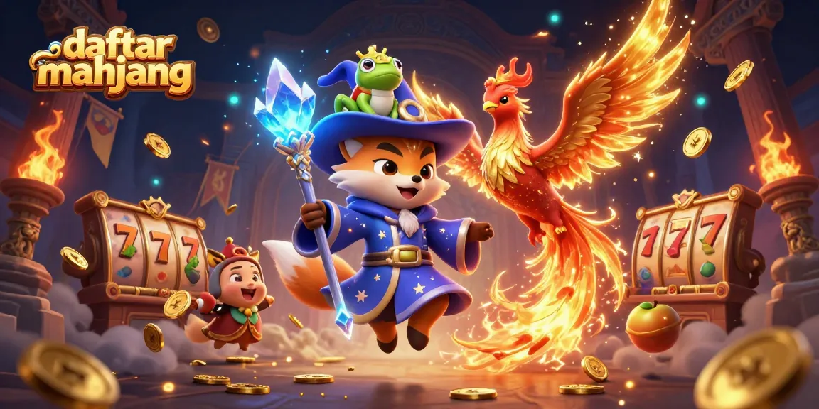 Engage with daftar mahjong in this vibrant scene featuring a mystical wizard fox and a fiery phoenix.