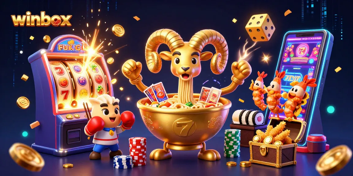 Winbox unleashes excitement with a 3D illustration featuring a golden ramen bowl and vibrant casino games.
