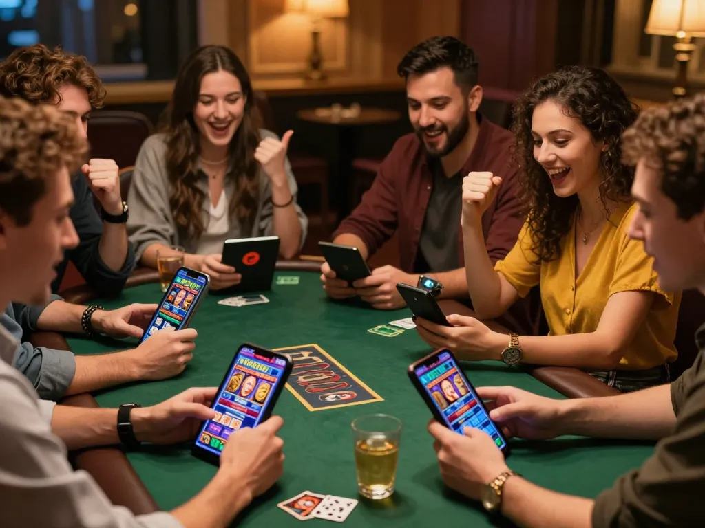 Celebrate winning slot bonus together with friends, showcasing lively online gambling experience