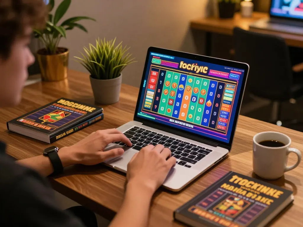Scene permainan online Toto Macau yang menampilkan pemain terlibat dengan antarmuka laptop