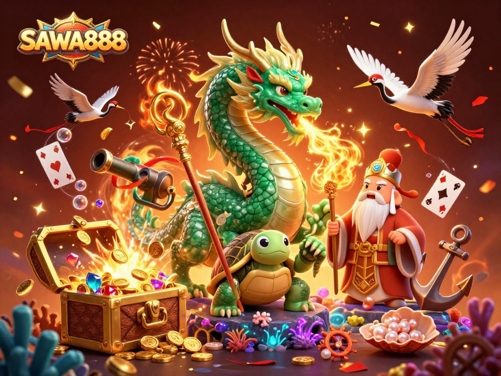 Experience the thrilling gameplay of SAWA888 with an exciting illustration featuring dragons and lucky symbols.