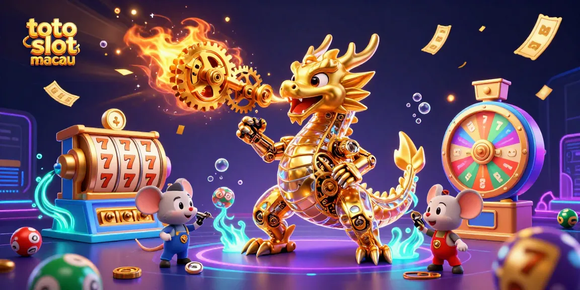 Experience winning moments at toto slot macau with a golden dragon breathing gears amidst vibrant gaming elements.