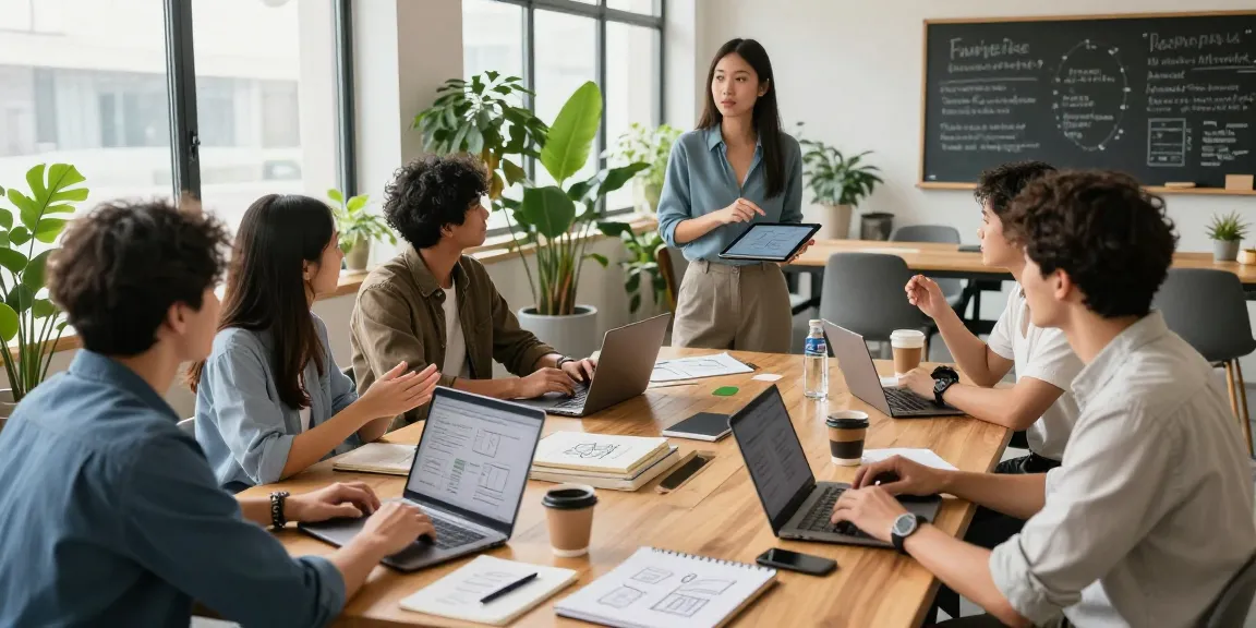 The collaborative workspace at https://www.startsomethingpc.com, showcasing young entrepreneurs discussing innovative startup ideas in a vibrant co-working environment.