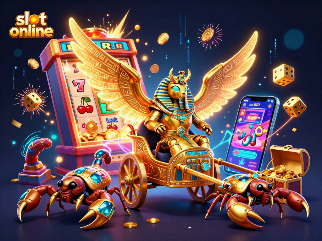Play exciting slot online games with a colossal golden scarab and scorpion chariot beneath a jackpot explosion.
