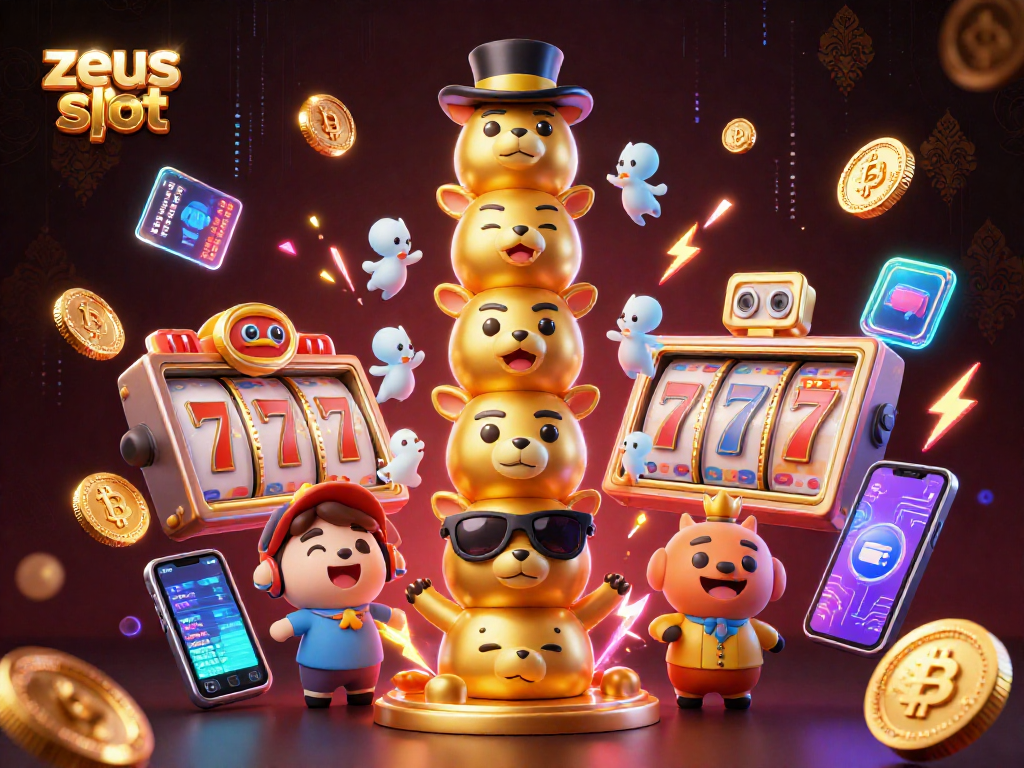 Experience the excitement of the zeus slot with vibrant 3D graphics, slot reels, and cryptocurrency elements.
