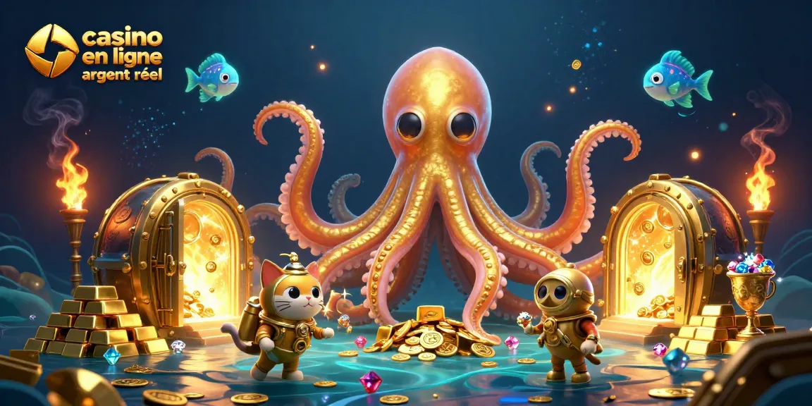 Casino en ligne argent réel avec un kraken géant et un chat plongeur dans une scène colorée et dynamique.