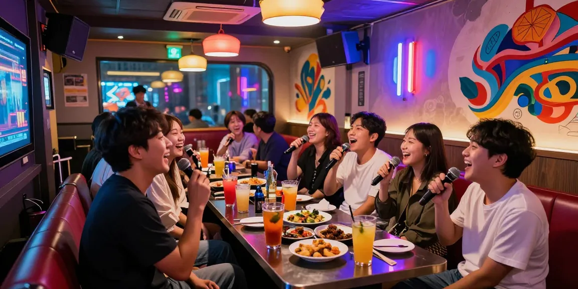 Joyful friends enjoying 제주도유흥 karaoke experience with vibrant lights and drinks in lively atmosphere