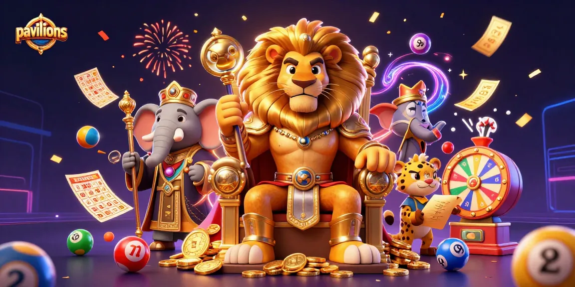 Pavilions casino scene with animated characters and dynamic gaming elements celebrating victory.