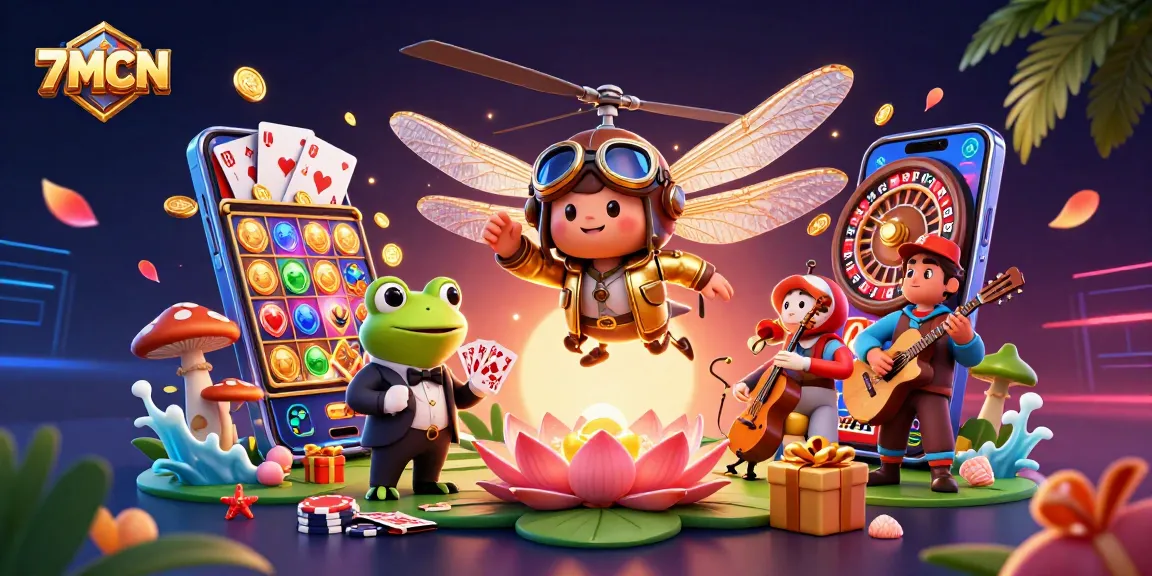 Experience thrilling action at 7MCN's vibrant casino with dragonfly pilot and frog croupier.