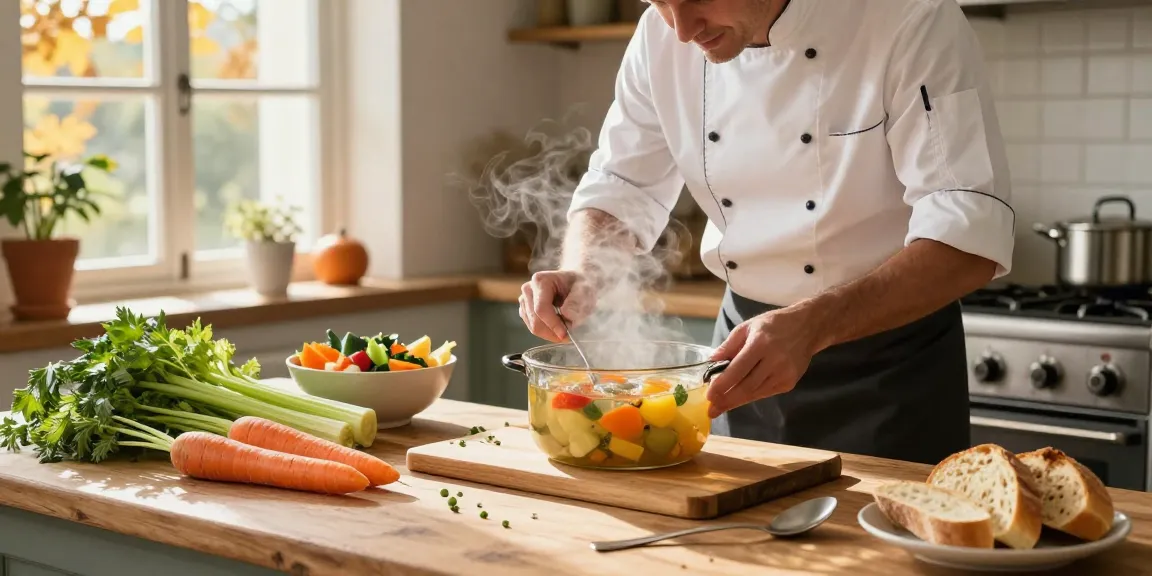 Ein Koch bereitet glücklich Klare Suppe in einer warmen Küche mit frischen Zutaten zu.