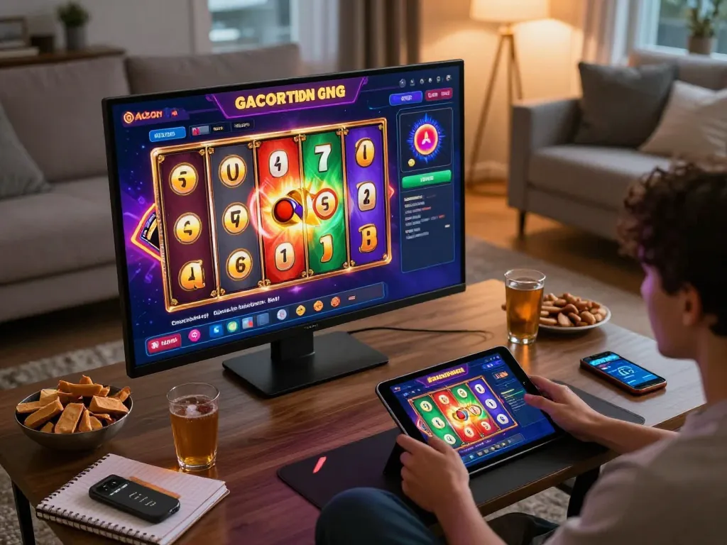 Engaging with link gacor slot games on a tablet in a cozy home atmosphere.