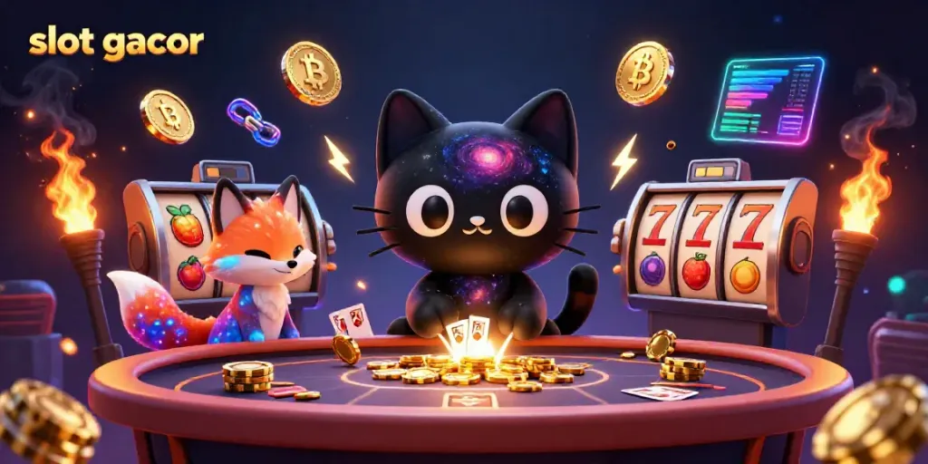 Engage with slot gacor excitement through vibrant 3D cosmic casino illustration featuring a black hole cat and colorful decorations.