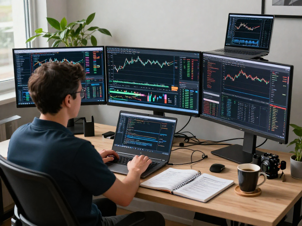 使用metatrader 5平台分析市场的交易员在专注的交易工作空间里。