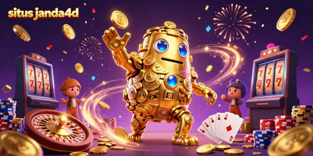 Menangkan hadiah besar di situs janda4d dengan golem emas berlapis koin dan simbol slot yang berkilau.