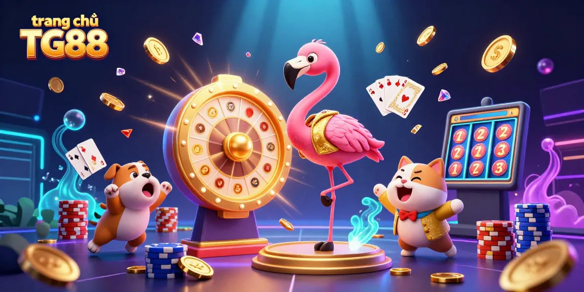 Experience excitement on trang chủ TG88 with a captivating 3D illustration featuring game elements, prizes, and vibrant casino atmosphere.