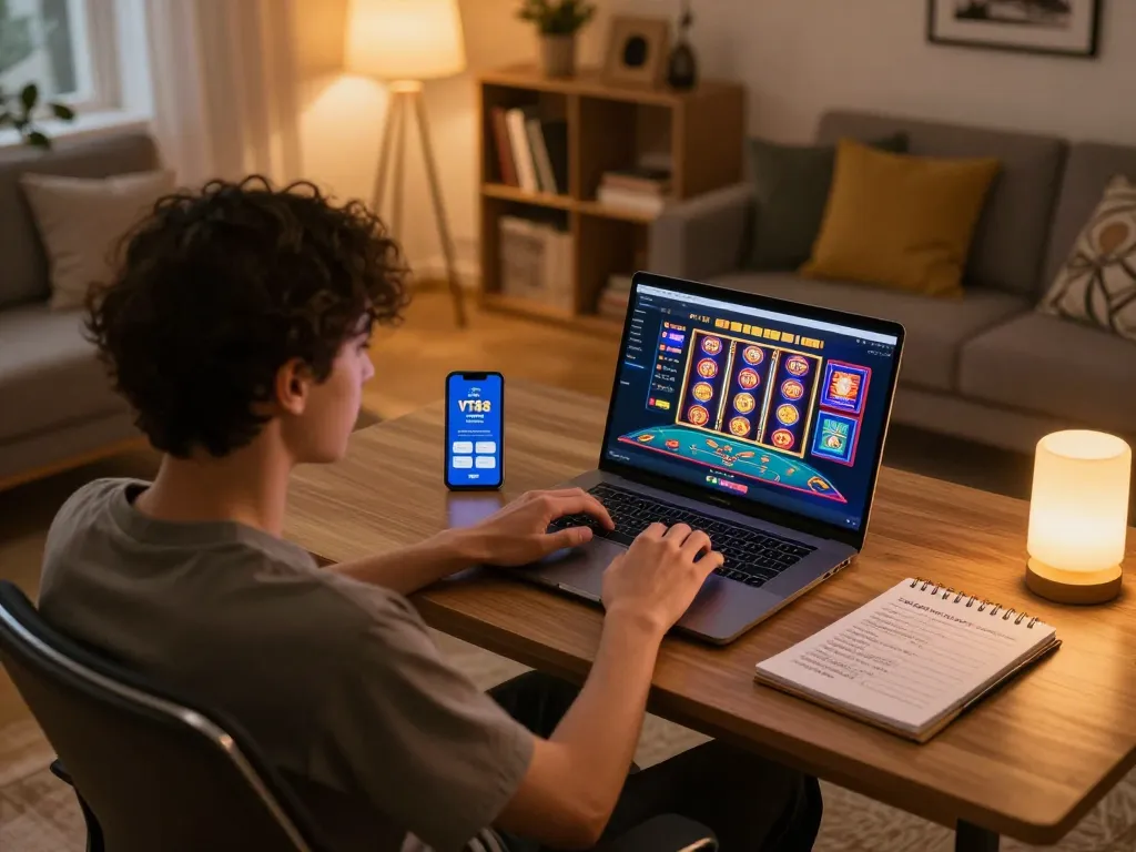 Player engaging with the VT88 online casino platform on a laptop, showcasing a responsible gaming atmosphere.