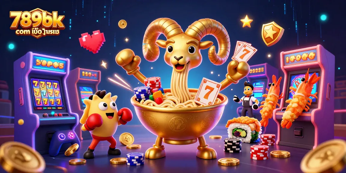 Engage with 789bk com เข้า สู่ ระบบ through a dynamic casino scene featuring a golden ramen bowl character.