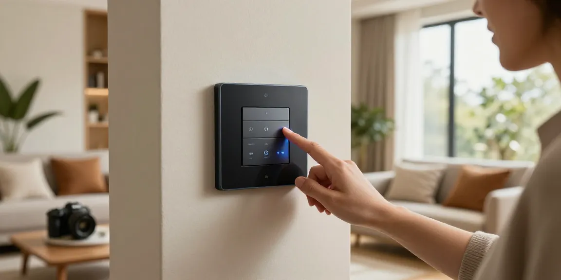 Touch panel light switch in a modern home, adjusting ambient lighting with elegance.