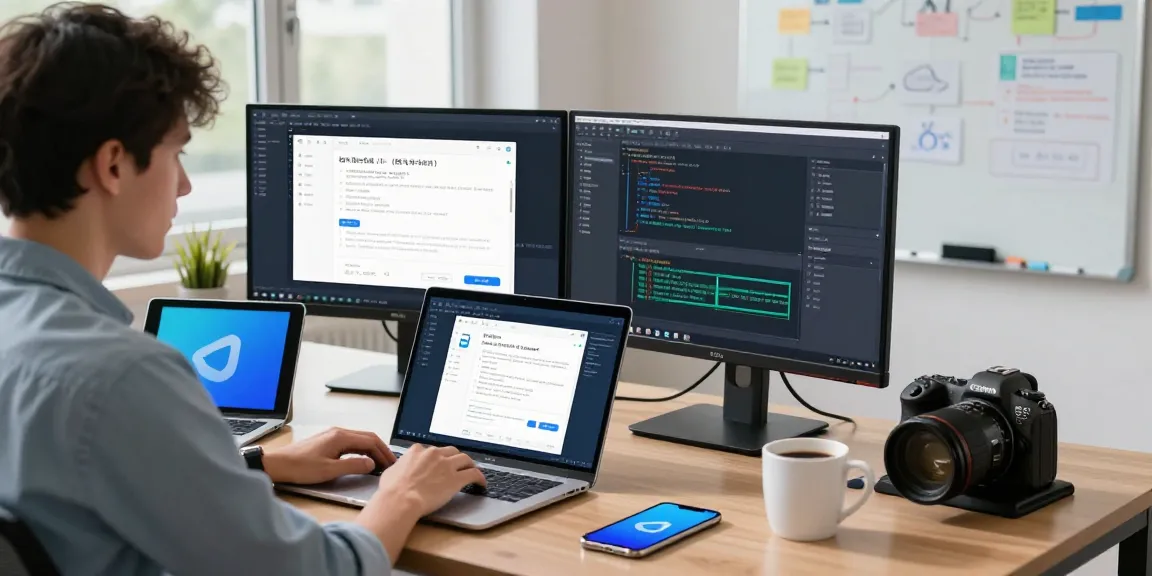 Developer coding 纸飞机中文版 on laptop in a vibrant office setting.