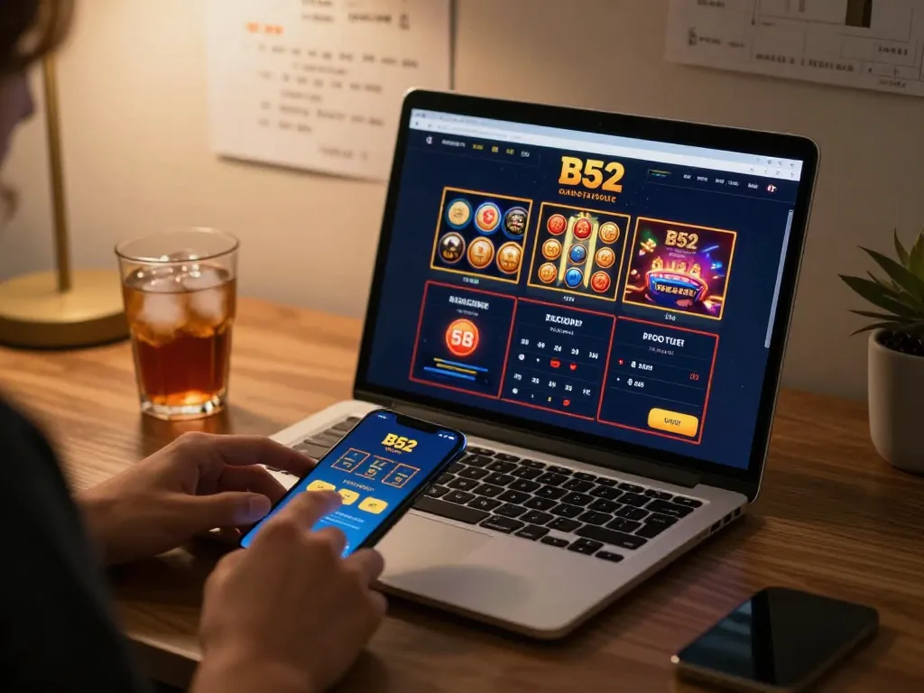 B52 online gaming setup with smartphone betting and cozy home office atmosphere.