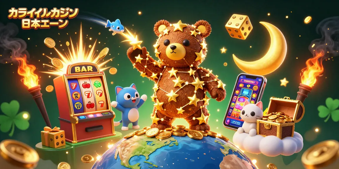 オンラインカジノ 日本語の魅力を視覚化した、黄金の星の熊や宝箱からコインをキャッチするシーン。