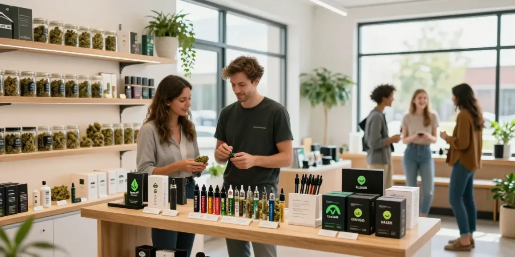 Alienlabs premium cannabis strains displayed in a modern retail setting with staff assistance.