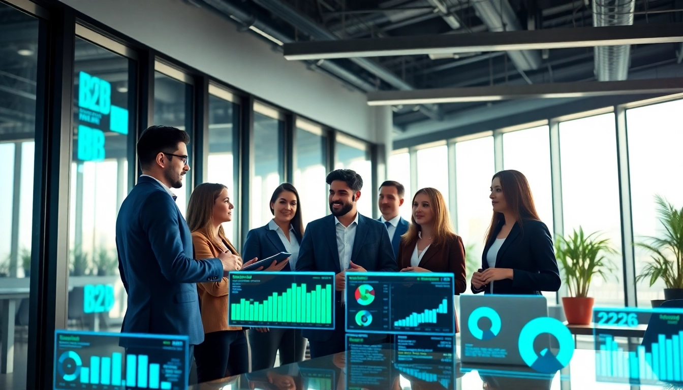 Team strategizing on b2b competitive intelligence in a modern office setting with data displays.