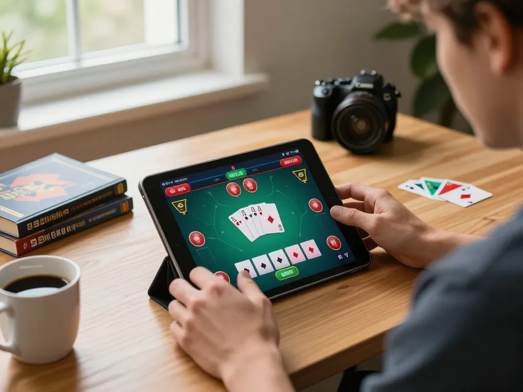 Person strategically playing poker online at home on a tablet, showcasing a 3win actor gaming session.