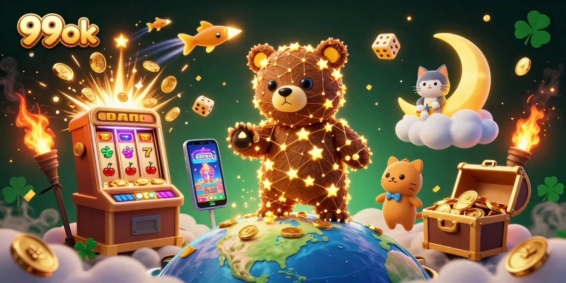 Experience thrilling wins at 99ok with a vibrant casino-themed 3D illustration featuring animated characters.