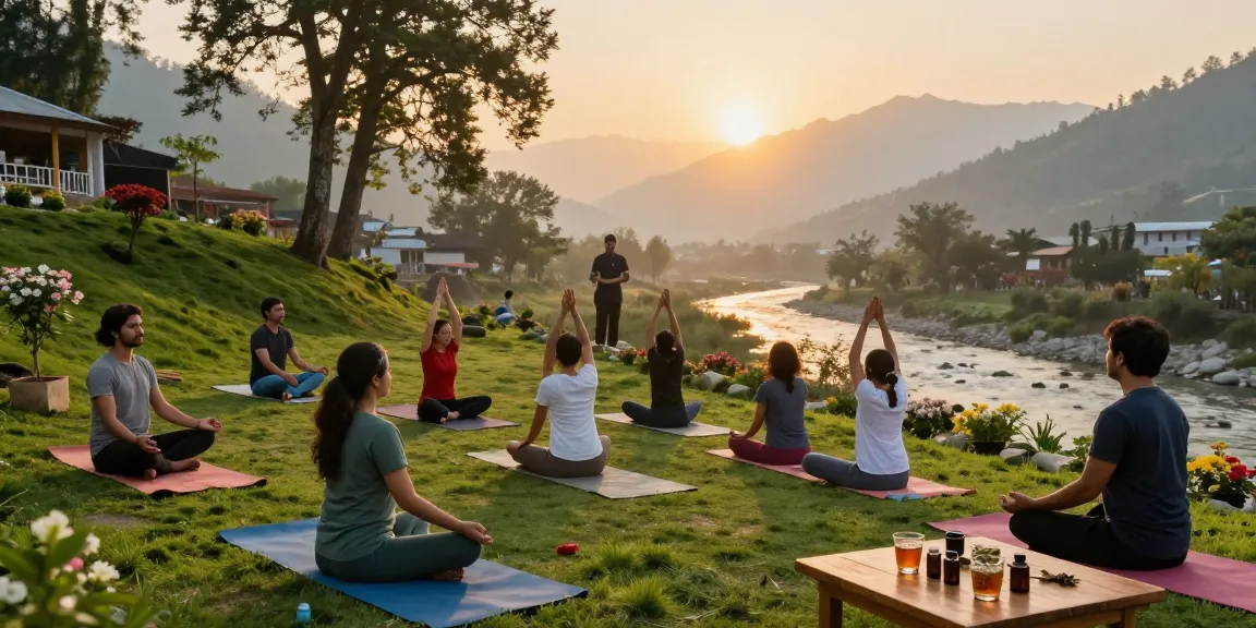 Group practicing yoga during a yoga retreat in Rishikesh amidst nature and serene mountain views.