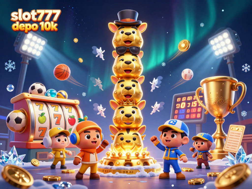 Spin the reels at slot777 depo 10k, featuring a lively casino scene filled with symbols and excitement.