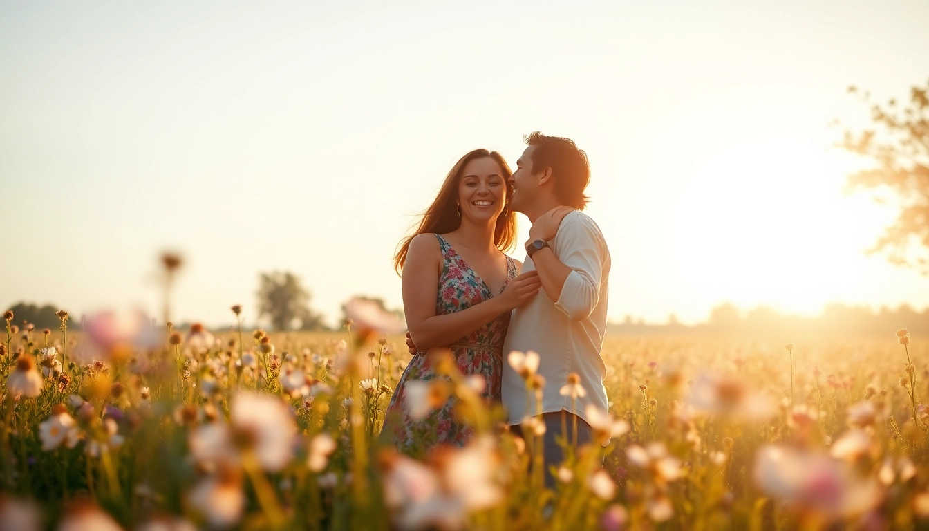 Experience light & airy photography capturing a couple in a sunlit field of wildflowers.