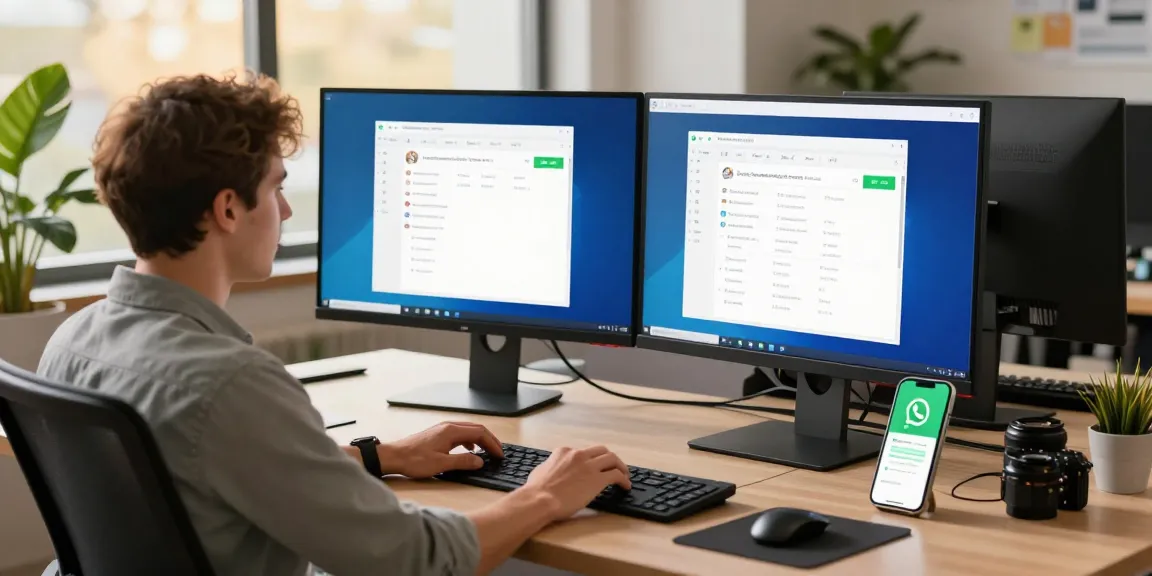 Collaborative workspace showcasing WhatsApp電腦版 in use on dual monitors for efficient messaging.