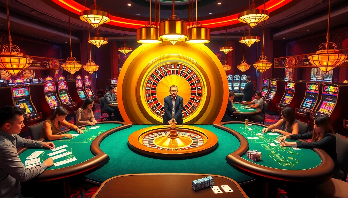 Players engaging in high-stakes poker at XX88 casino tables amidst vibrant slot machines.