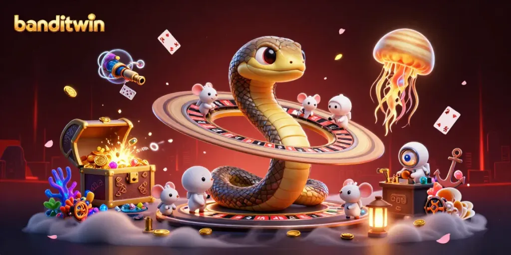 banditwin menghadirkan momen taruhan dengan karakter ular yang melengkung di sekitar planet, memberikan suasana kasino yang unik.