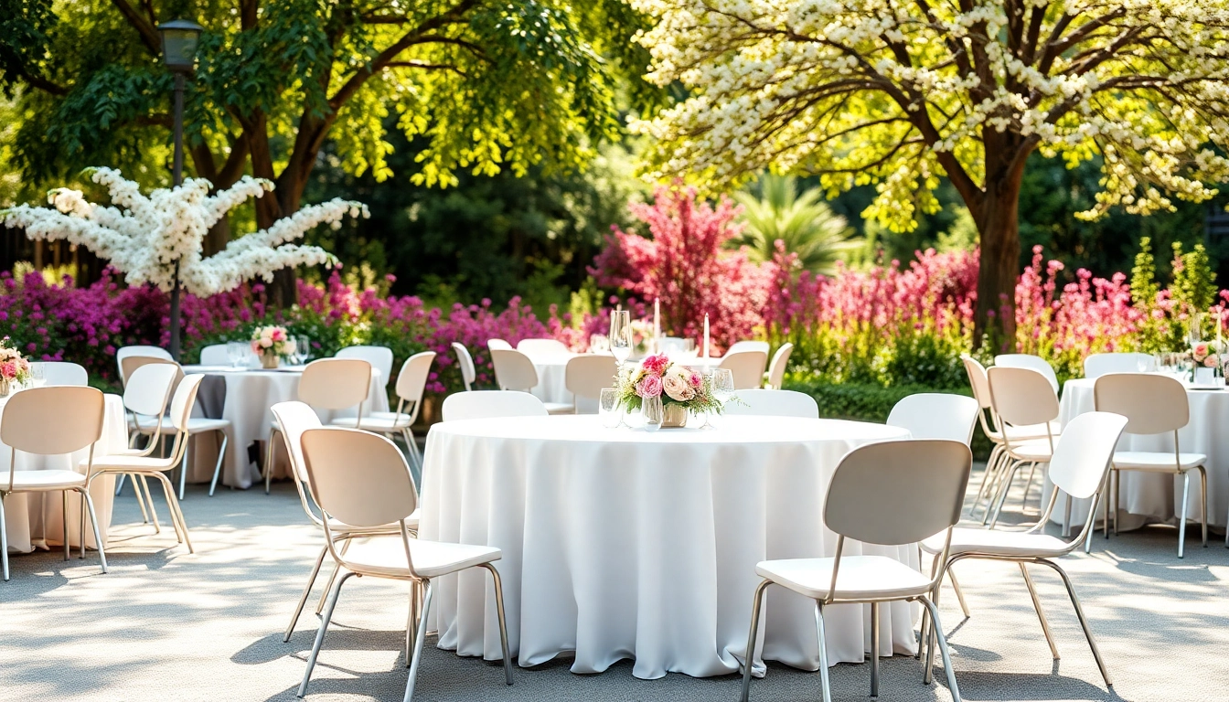 Stylish Table & Chair Rentals arrangement amid a scenic outdoor garden setting.