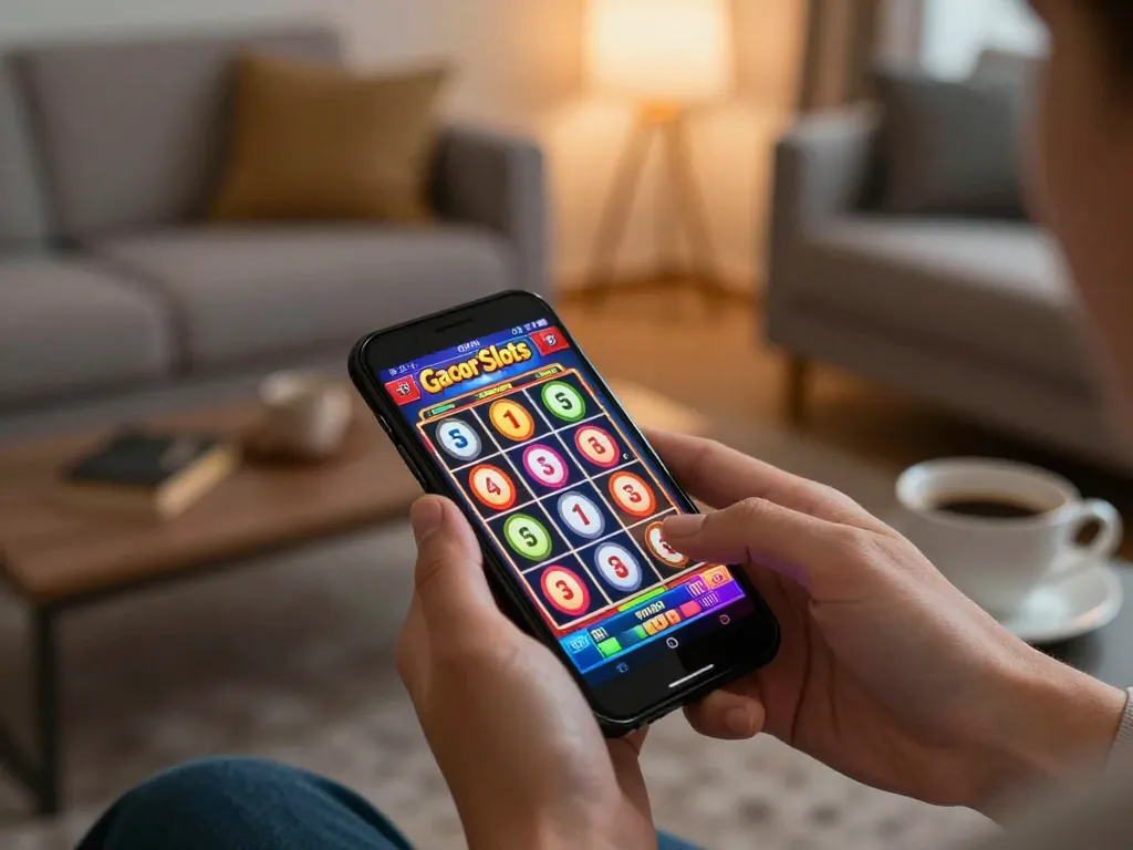 Engaging in an online casino experience with a smartphone, showcasing situs gacor slot game and a cozy atmosphere.