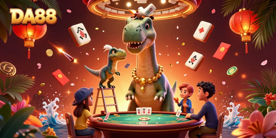 Experience the thrill of DA88 with vibrant casino elements, a towering dinosaur, and dynamic card dealing.